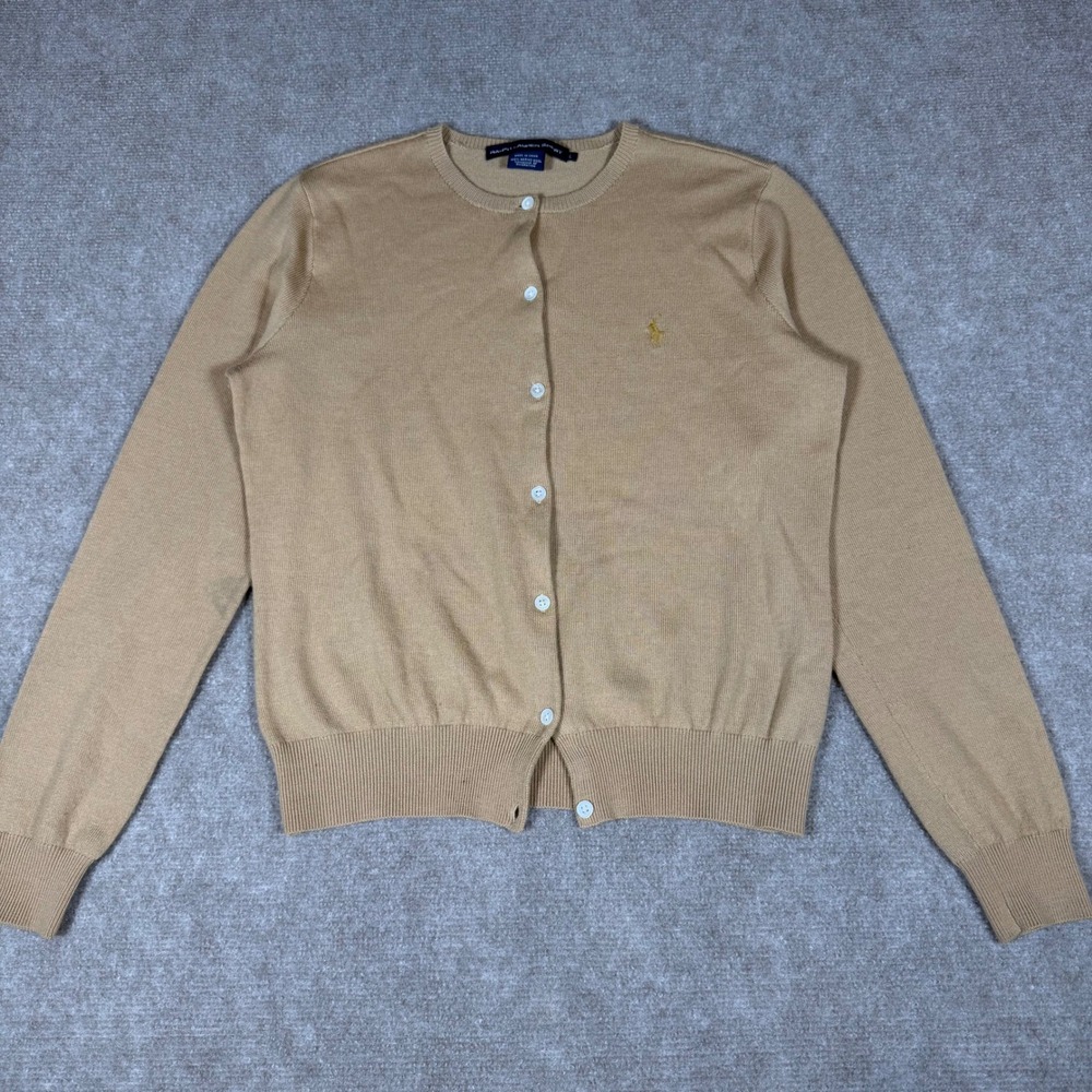 Ralph Lauren Sport Tan 100% Merino Wool Button Front Cardigan Sweater Size L